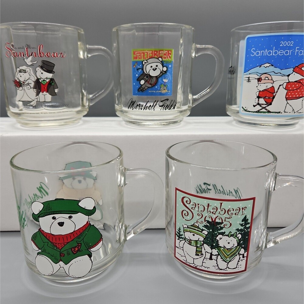 Lot of 5 Vtg Marshall Fields Santabear Santa Bear Mug Glass Cup Clear